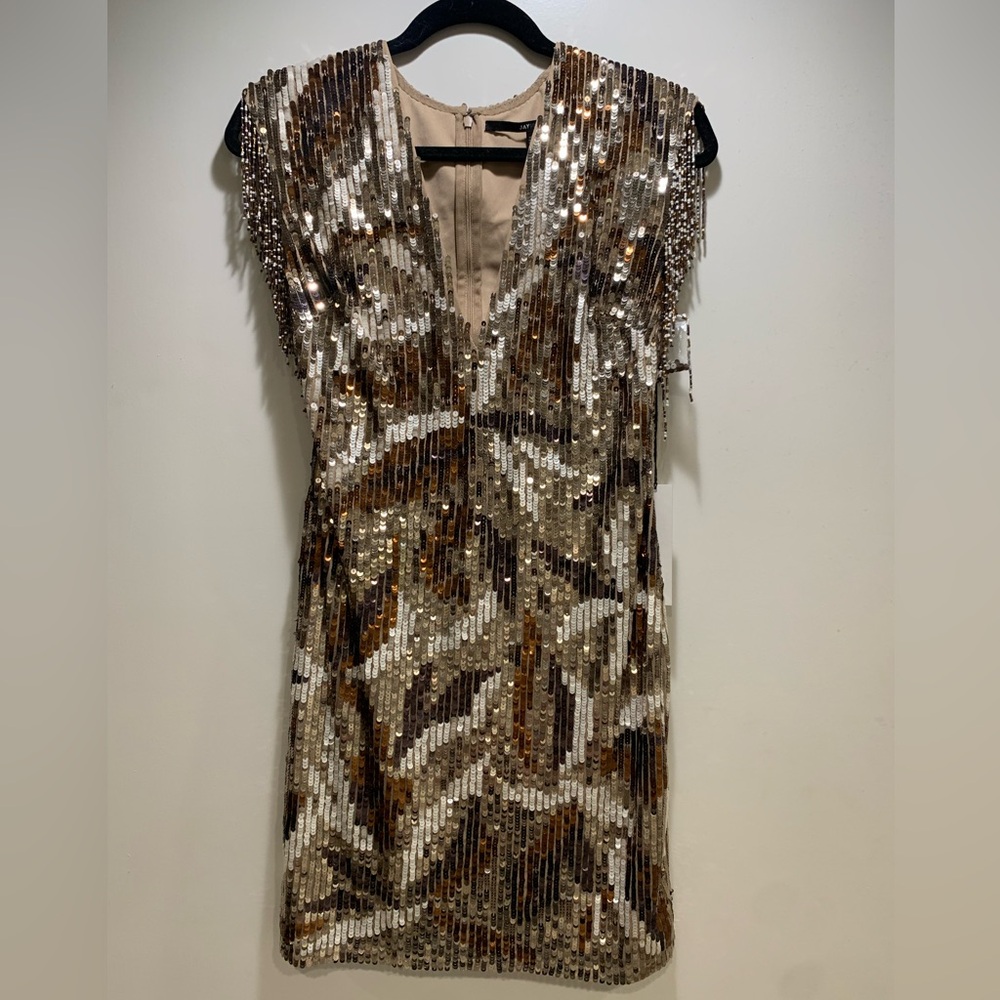 NEW Jay Godfrey Gold Sequin Deep V Fringe Shoulder Dress